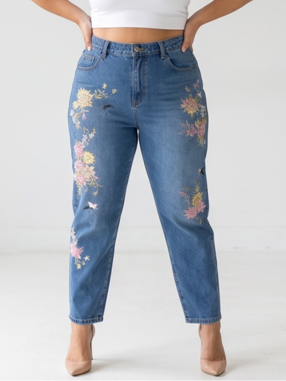Floral Embroidered High Rise Jeans